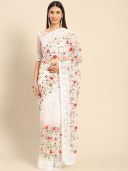 Odette - White Floral Embroidered Net Saree with Unstitched Blouse