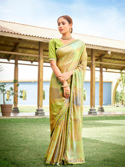 Odette - Green and Multi-Color Colorblock Chiffon Saree with Unstitched Blouse (Set of 2)