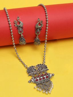 OOMPH - Oxidised Silver Look Alike Maroon Stones Peacock Design Long Ethnic Necklace Set