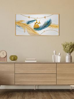 The Next Decor - Golden Blue Feathers Glass Finish Horizontal Wall Art