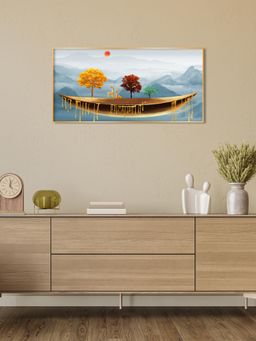 The Next Decor - Golden Abstract Landscape Art Colored Line Tree Glass Finish Horizontal Wall Art