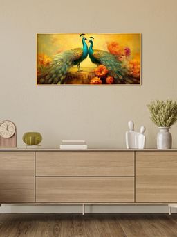 The Next Decor - Peacocks With Flower Background Glass Finish Horizontal Wall Art