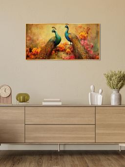 The Next Decor - Two Peacock With Flower Background Glass Finish Horizontal Wall Art