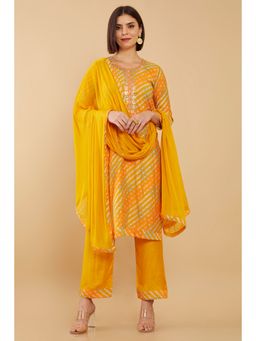 Soch - Women Yellow Silk Stripes Dress Material (Set of 3)