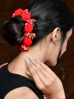 Silvermerc Designs - Women Red & Gold Toned Embellished Hair Bun