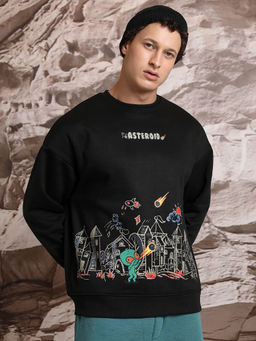 HIGHLANDER - Black Self Design Oversized Fit Sweatshirt