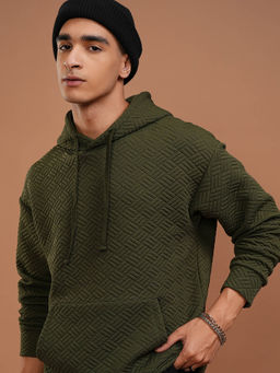HIGHLANDER - Olive Self Design Relaxed Fit Hoodie
