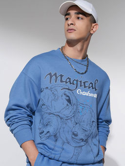 HIGHLANDER - Blue Printed Oversized Fit Sweatshirt