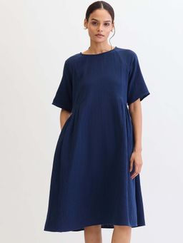 Femmella - Midnight Blue Cotton Side Gathers Detail Dress