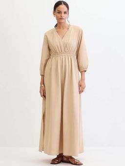 Femmella - Beige Linen Blend Slit Detail Maxi Dress