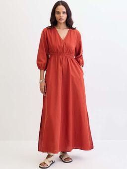 Femmella - Rust Linen Blend Slit Detail Maxi Dress