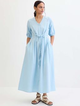 Femmella - Light Blue Cotton Linen Maxi Dress