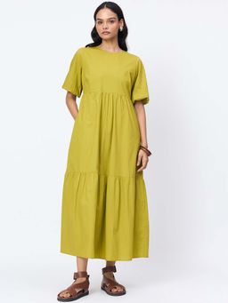 Femmella - Citrine Green Poplin Tiered Dress