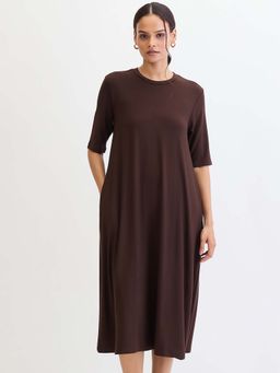 Femmella - Coffee Brown Knit T-Shirt Midi Dress