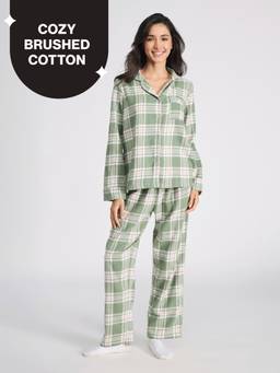Nykd by Nykaa - Cozy Brushed Cotton Button Down Pyjama Set of 2 In Relaxed Fit NYS902 Green & Pink