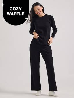 Nykd by Nykaa - Waffle Pajama Set of 2 with Long Sleeved Flattering Hem Lounge Top NYS966 Black