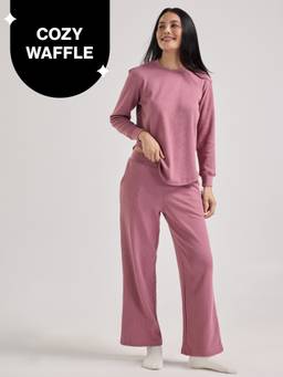 Nykd by Nykaa - Waffle Pajama Set of 2 with Long Sleeved Flattering Hem Lounge Top NYS966 Light Pink