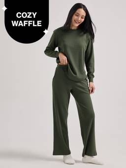 Nykd by Nykaa - Waffle Pajama Set of 2 with Long Sleeved Flattering Hem Lounge Top NYS966 Olive