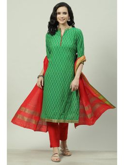 Biba - Green Cotton Unstitched Suit (Set of 3)