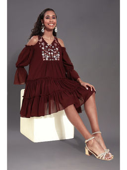 Miss Chase - Women's Wine V-neck Cold Shoulder Embellished Knee Length Mini Dress