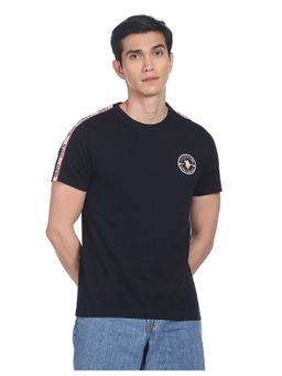 U.S. Polo Assn. Denim Co. - Men Navy Brand Tape Pure Cotton Solid T-Shirt