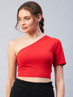 RARE - Women Casual Red Colour One Shoulder Solid Fitted Top