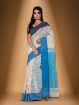 Beatitude - White Handspun Cotton Woven Saree with Unstitched Blouse