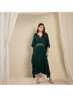 First Resort by Ramola Bachchan - Bottle Green Hand Embroidered Mid Length Dress