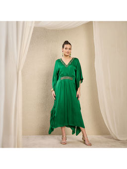 First Resort by Ramola Bachchan - Green Hand Embroidered Mid Length Dress