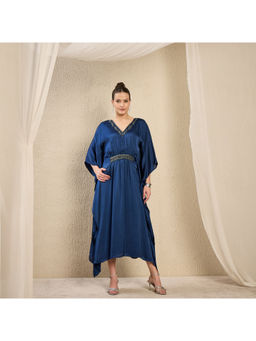First Resort by Ramola Bachchan - Navy Blue Hand Embroidered Mid Length Dress