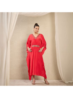 First Resort by Ramola Bachchan - Red Hand Embroidered Mid Length Dress