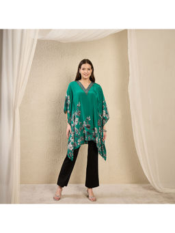 First Resort by Ramola Bachchan - Green Embellished Floral Kaftan Top