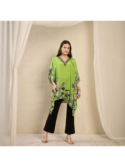First Resort by Ramola Bachchan - Green Embellished Floral Kaftan Top