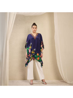 First Resort by Ramola Bachchan - Navy Blue Embellished Floral Kaftan Top