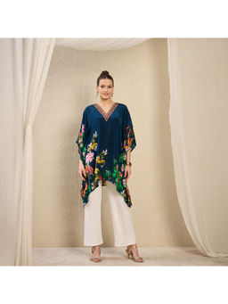 First Resort by Ramola Bachchan - Teal Embellished Floral Kaftan Top