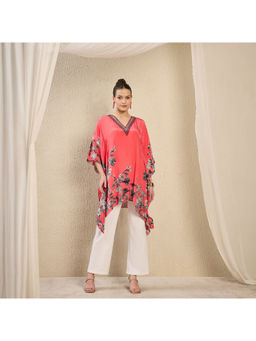 First Resort by Ramola Bachchan - Coral Embellished Floral Kaftan Top