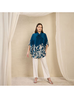 First Resort by Ramola Bachchan - Blue Floral Bow-Tie Top