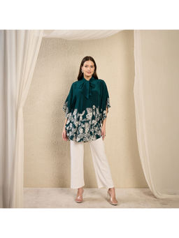 First Resort by Ramola Bachchan - Teal Floral Bow-Tie Top