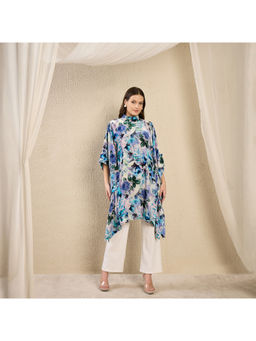 First Resort by Ramola Bachchan - Blue Floral Print Crystal Studded Silk Velvet Top
