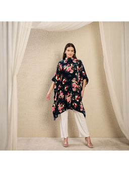 First Resort by Ramola Bachchan - Blue Floral Print Crystal Studded Silk Velvet Top