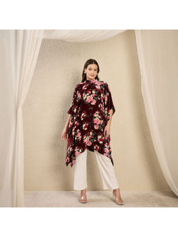 First Resort by Ramola Bachchan - Maroon Floral Print Crystal Studded Silk Velvet Top