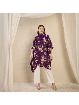 First Resort by Ramola Bachchan - Purple Floral Print Crystal Studded Silk Velvet Top