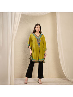 First Resort by Ramola Bachchan - Olive Apple Cut Embellished Tunic Top