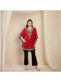 First Resort by Ramola Bachchan - Red Apple Cut Embellished Tunic Top