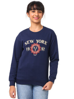 Nuego - Girls Navy Blue Typography Pure Cotton Sweatshirt