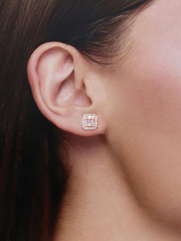 Kai Jewel - Square Crystals Casual Sterling Silver Rose Gold Studs Earrings
