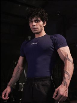 HYPD - Stealth Men Body Fit Compression Half Sleeve Sports and Gym Navy Blue T-Shirt