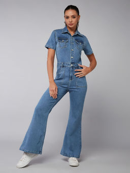 DOLCE CRUDO - Women Blue Flared High Rise Regular Stretchable Denim Jumpsuit (38)