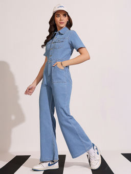 DOLCE CRUDO - Light Blue Flared High Rise Stretchable Denim Jumpsuit (38)