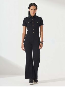 DOLCE CRUDO - Women Black Solid Regular Stretchable Denim Jumpsuit (38)